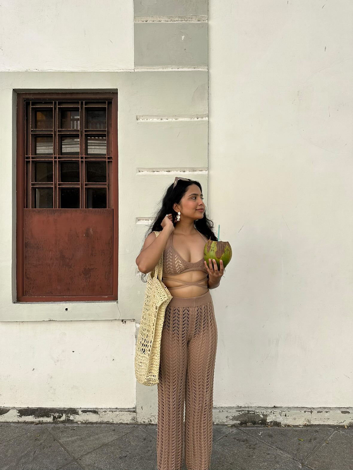 Crochet halter neck top with knitted pants set